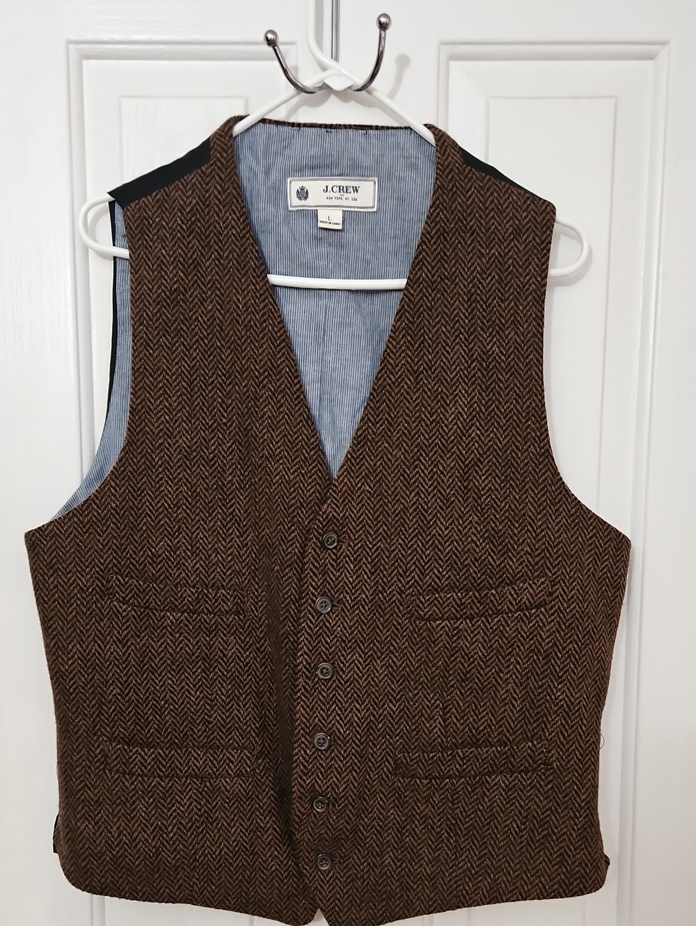 J. Crew Brown Herringbone 100% Wool Tweed Vest Sz L Mens